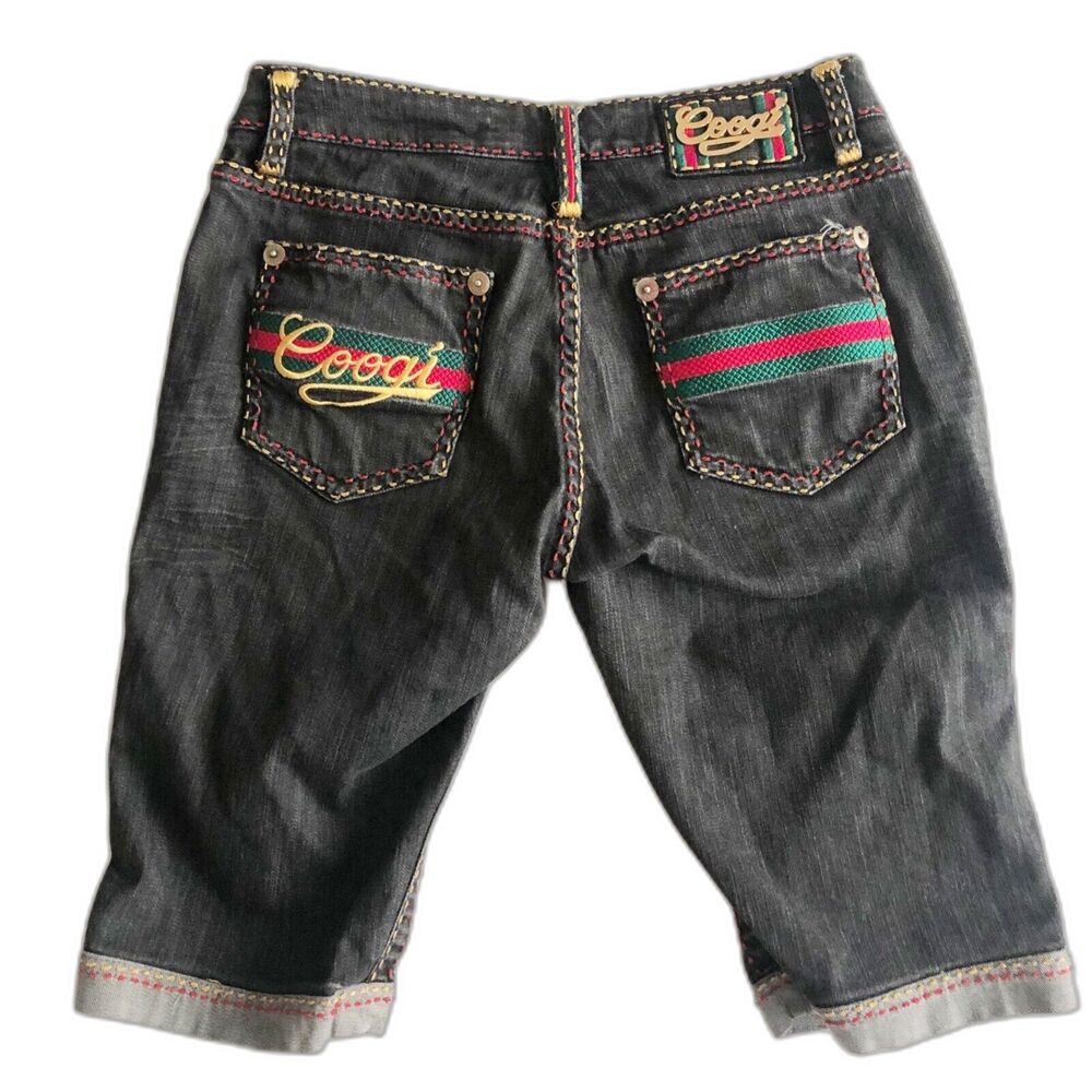 COOGI Juniors Bermuda Denim Shorts Embroidered Roll Cuff w Tab Dark Wash Sz 5/6